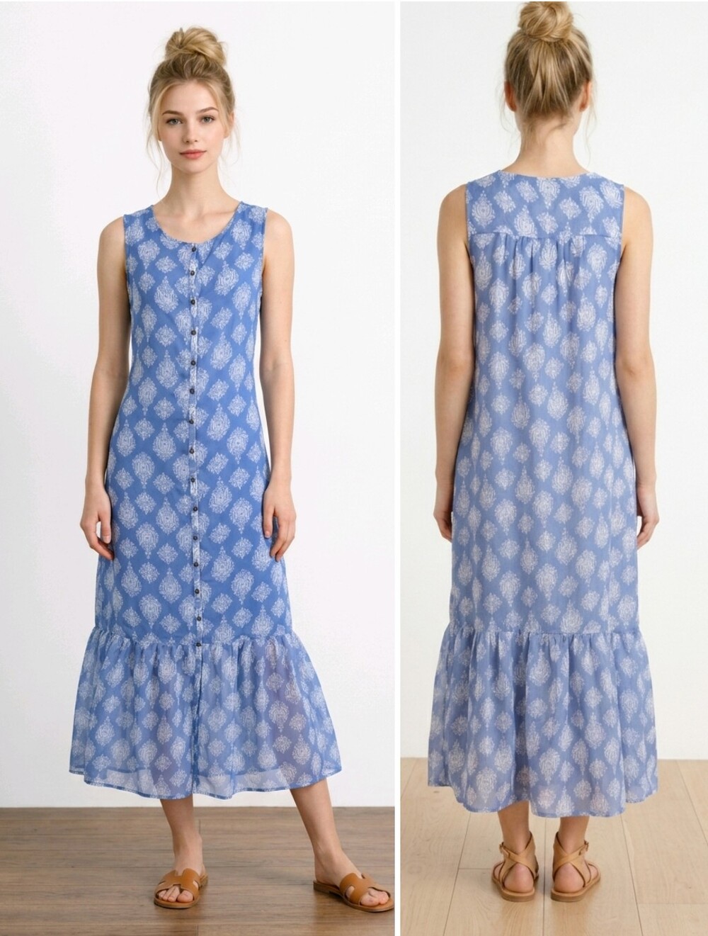 Lucky Brand Sleeveless Maxi Dress Button Front Blue Boho Print Sheer NWT